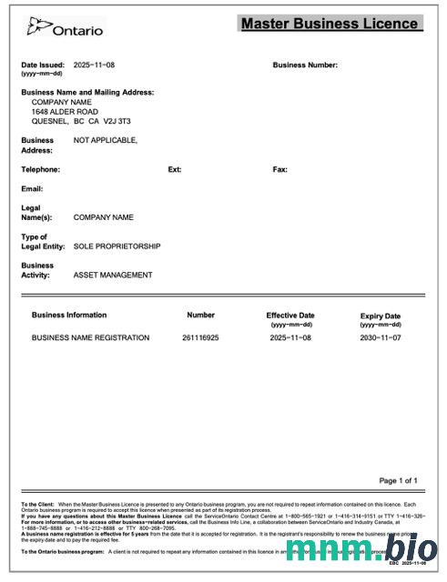 Canada Ontario master Business license w formacie Word i PDF